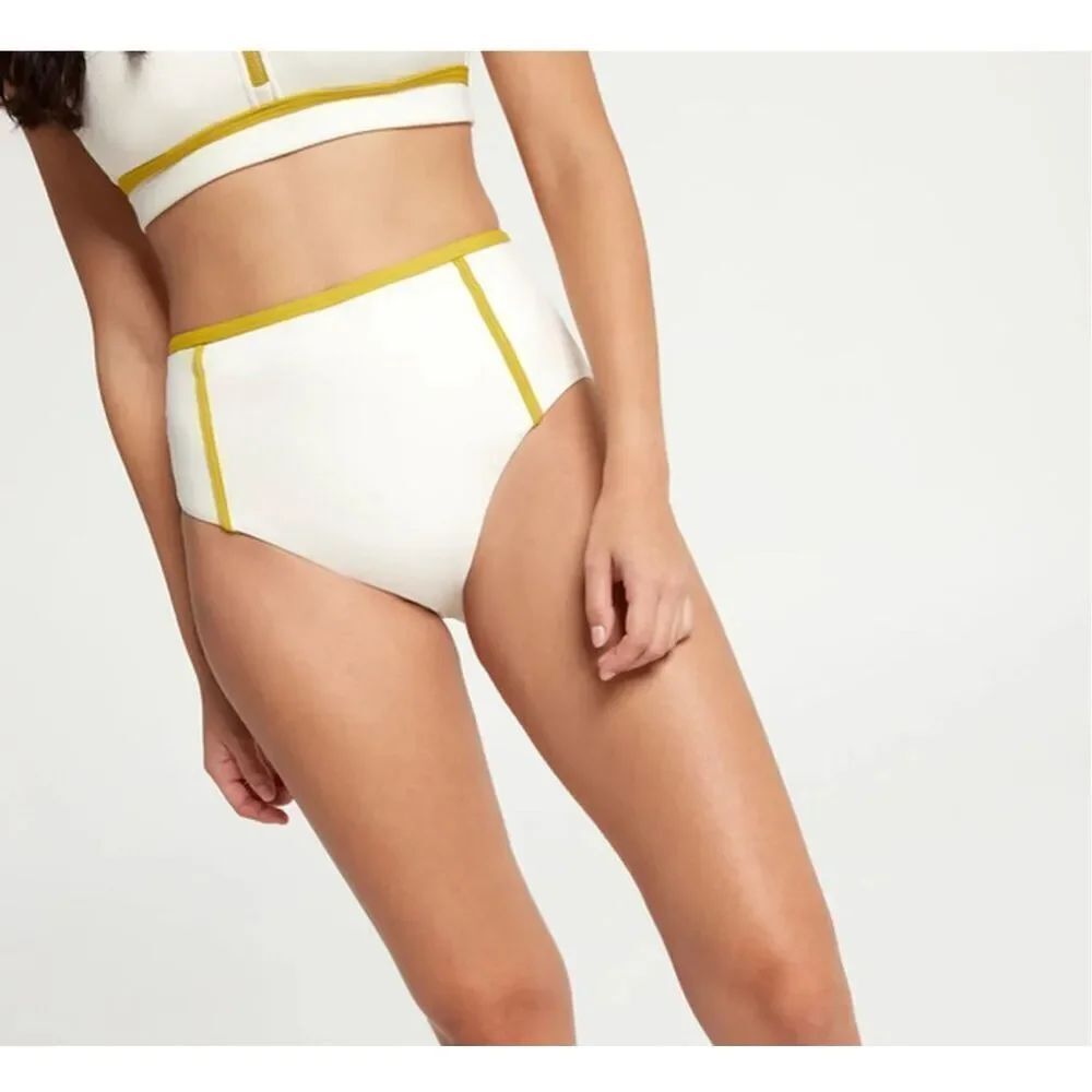 CALIA Women's High Waisted Tipping Swim Bottoms tummy control light cream S NWT